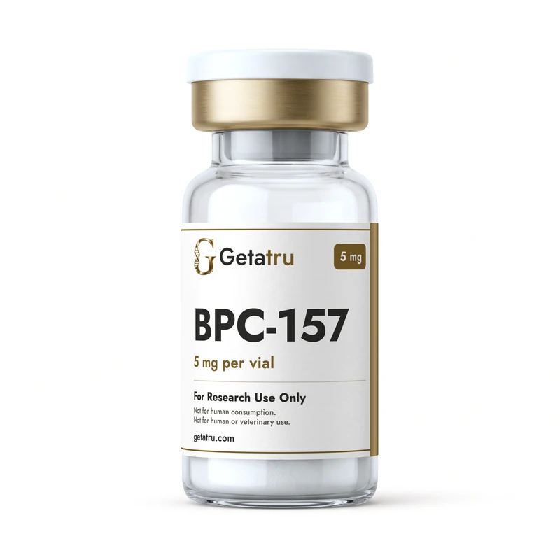 Close-up of the printed Getatru BPC-157 5 mg label in the packaging illustration.
