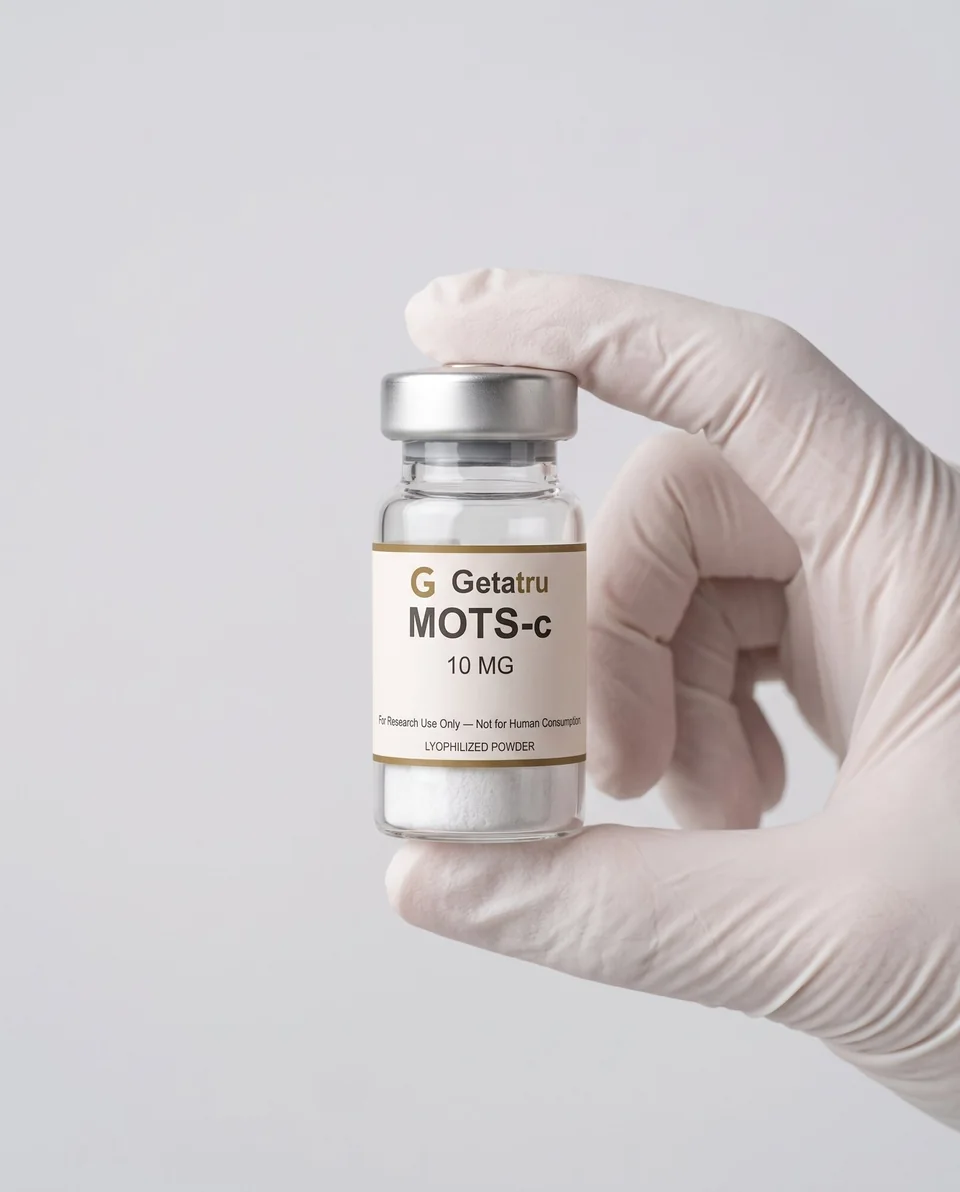 Packaging illustration of a gloved hand holding a Getatru MOTS-c vial labeled 10 mg.