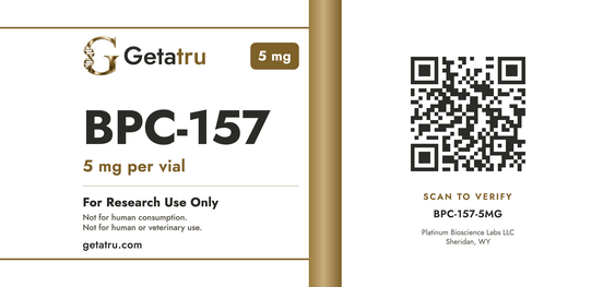 Current Getatru label for BPC-157, 5 mg, SKU BPC-157-5MG