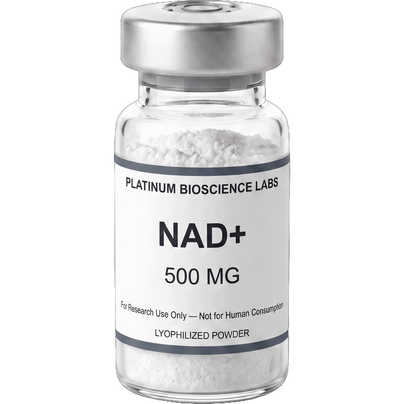 Clear glass research vial with a silver crimp cap and a printed label.