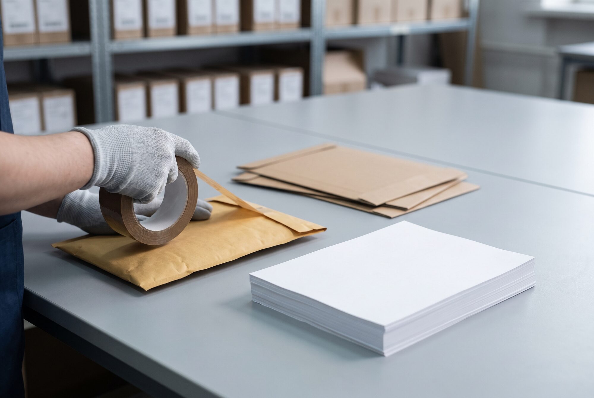 Fulfilment bench with a sealed padded mailer and printed paperwork, gloved hands mid-pack.