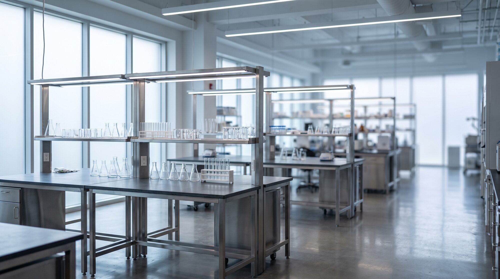 Bright modern laboratory interior with clean benches and glassware.
