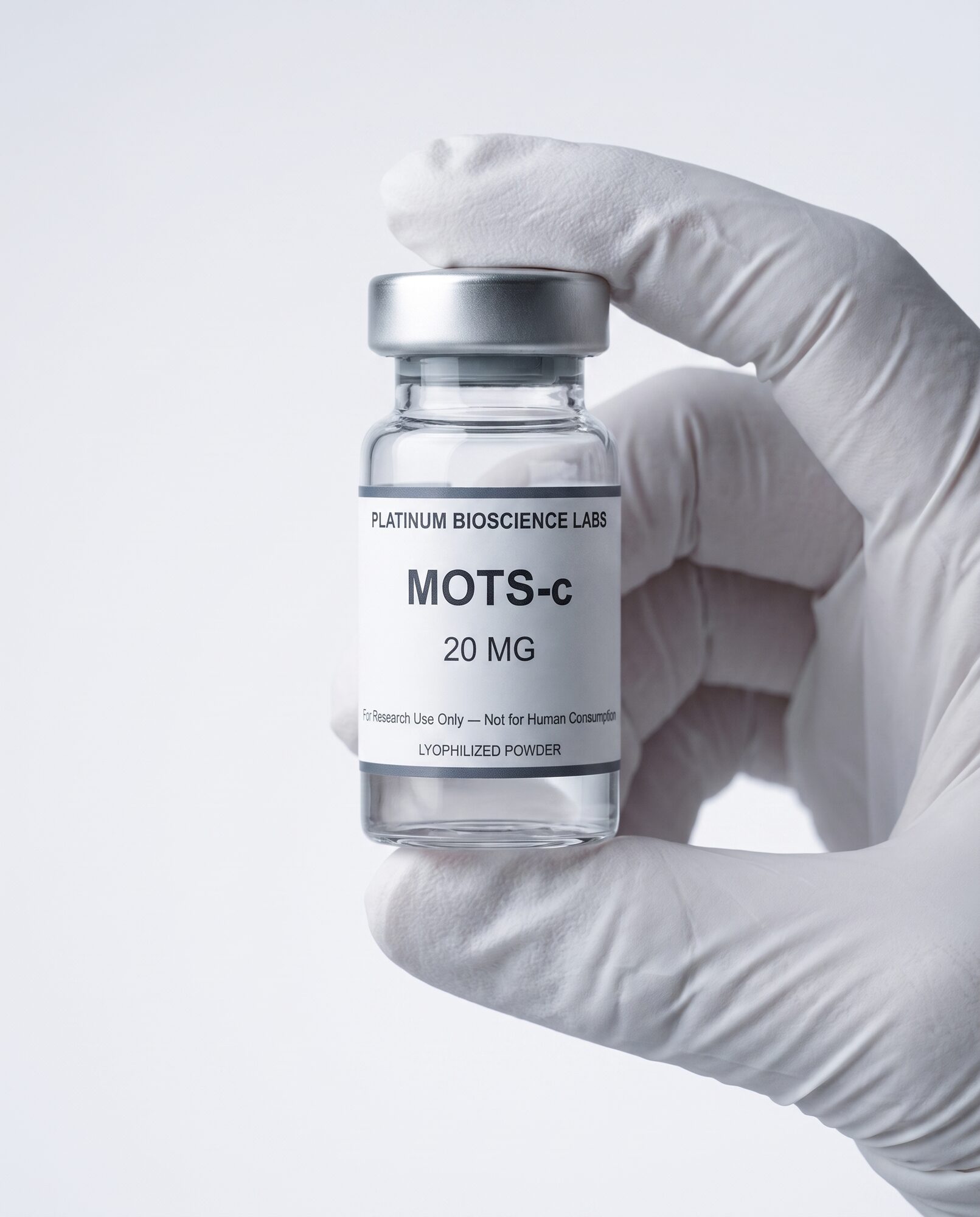 Gloved hand holding a clear glass vial with a silver crimp cap up to diffused light.